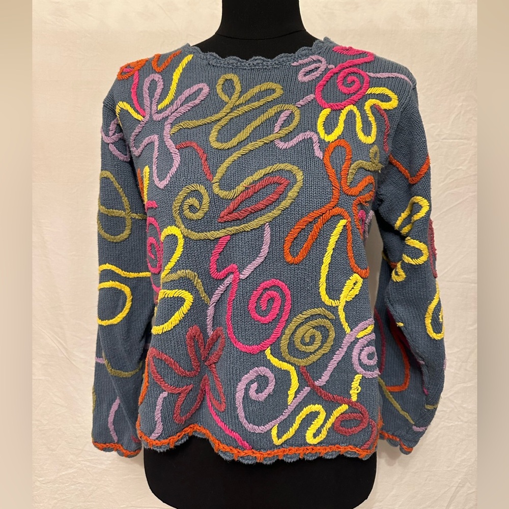 Vintage 90s MY Abstract Embroidered Sweater Art Teacher Boho Medium
